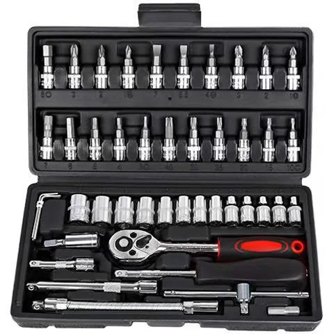 46 Pieces 1/4 Inch Drive Socket Ratchet Wrench Set with Bit Socket Set Metric and Extension Bar for Auto Repairing